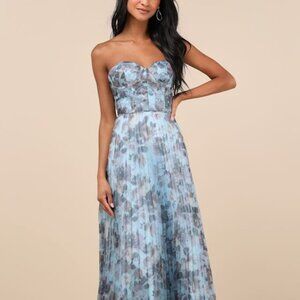 Lulus Most Beautiful Day Blue Multi Floral Print Organza Maxi Dress - Size XL